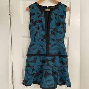 BCBGMaxAzria Suni Jacquard Black Teal Fit & Flare Dress
